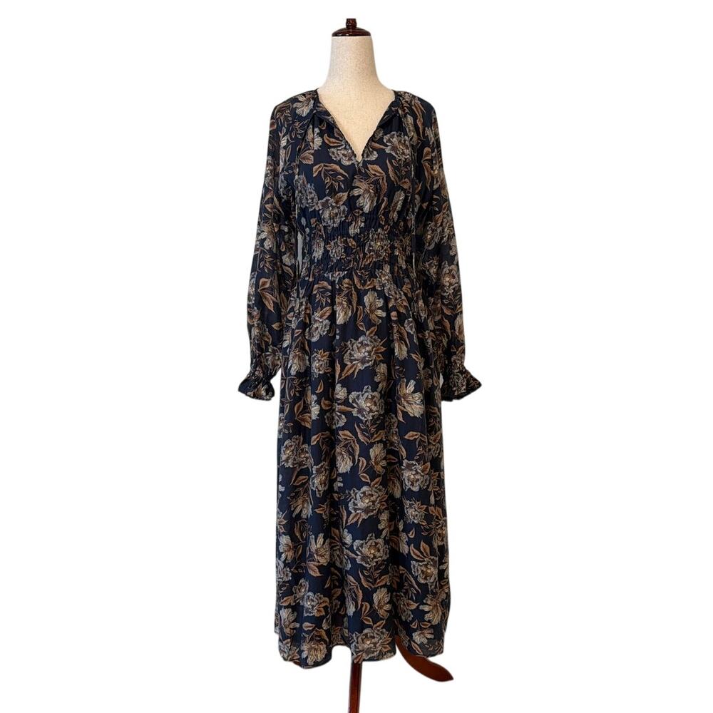 NWOT Chelsea28 Long Sleeve Smocked Waist Midi Dress, Navy Floral, Women's Small